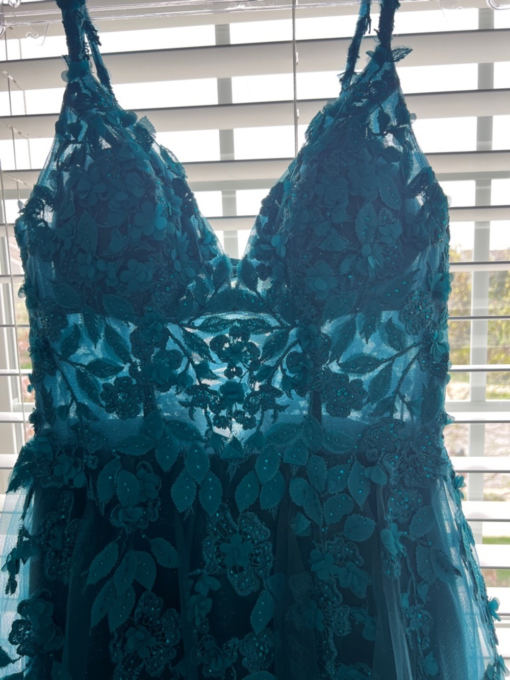 Teal Floral Embellished Tulle Gown good for Prom or Formals. Only worn once - Picture 10 of 12